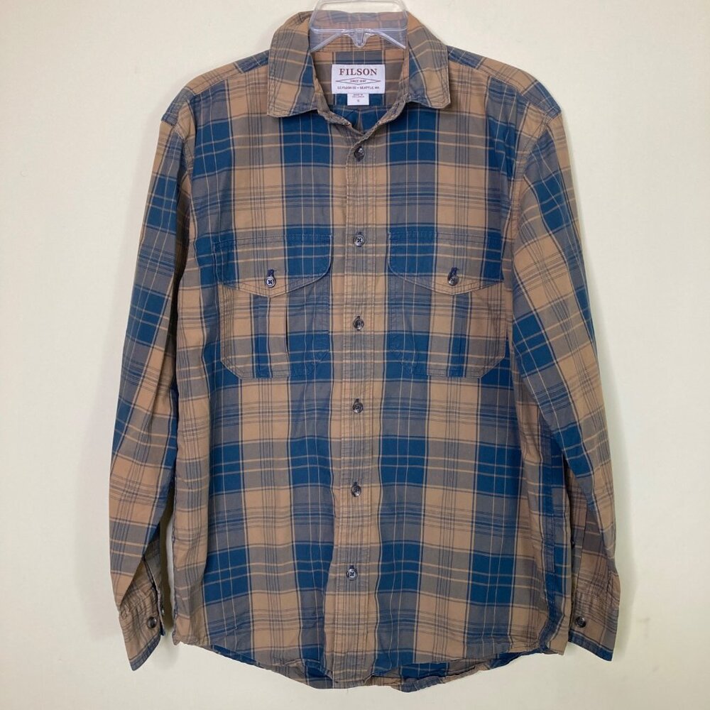 Filson Shirt Mens Small Navy Blue Tan Plaid Long Sleeve Gorpcore